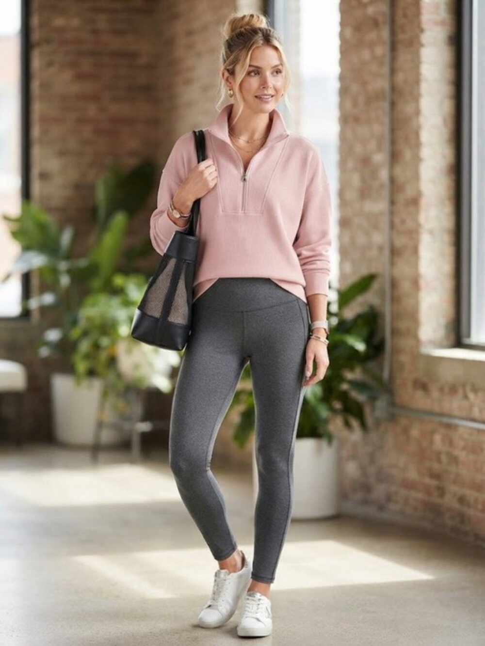 💕NYDJ💕 Ribbed Scuba Half Zip Sweatshirt ~ Blush Silk Medium NWT